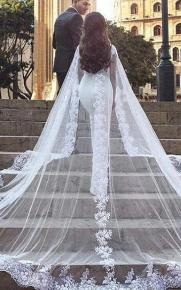 Elegant V Neck Empire Wedding Pantsuit with Cape Veil 