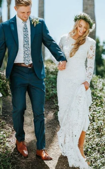 Jewel Lace Long Sleeve Floor-length Court Train Sheath Wedding Dress