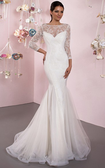 Bateau 3-4-sleeve Mermaid Tulle Wedding Dress With Lace And Low-V Back