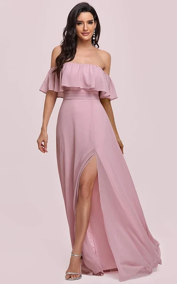Sexy Off-the-shoulder Chiffon A Line Guest Dress With Ruffles and Split Front