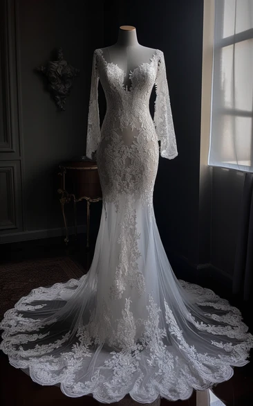 Lace Mermaid Sheath Long Sleeve Illusion Applique Sweep Train Wedding Dress