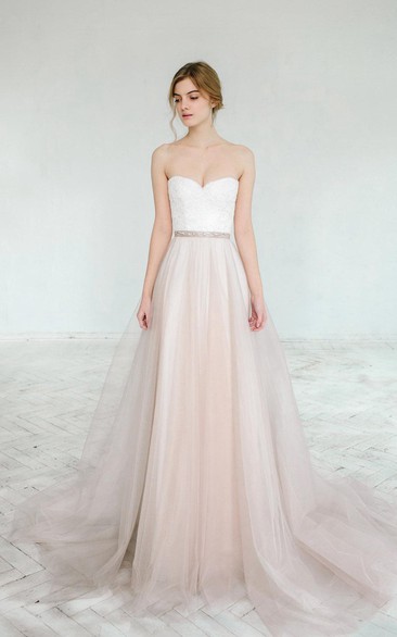 Sweetheart Tulle A-line Floor-length Dress With Appliques And Jeweled Waist