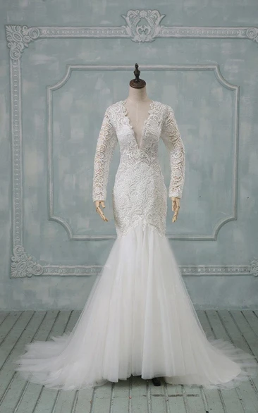 Fishtail Wedding Illusion-Sleeve V-Neckline Tulle Dress