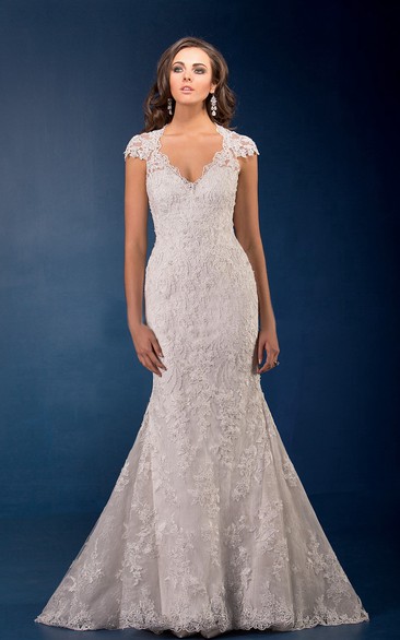 Mermaid/Trumpet V-neck Short Sleeve Floor-length Lace Wedding Dress with Illusion and Appliques