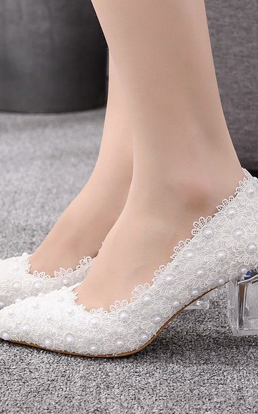 Shallow Mouth Crystal Transparent 7cm Heel White Lace Pointed Toe Wedding Shoes