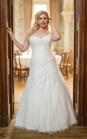 Strapped Criss-cross ruched Lace plus size wedding dress With Beading
