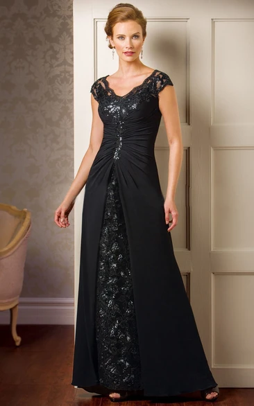 A Line V-neck Cap-Sleeve Floor-length Chiffon Mother Of The Bride Dress with Illusion and Sequins