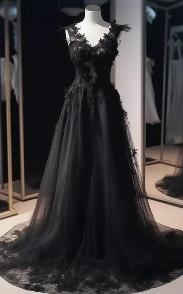 V-neck Applique Empire A-line Tulle Black Sweep Train Evening Wedding Dress
