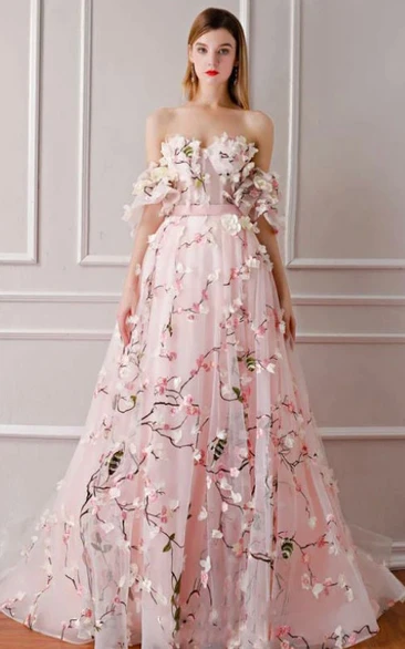 Floral Off-the-shoulder PromEmbroidery Non-Traditional Evening Wedding Dress