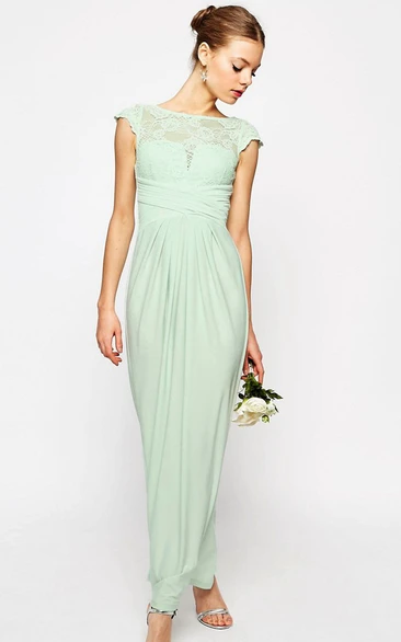 Bateau Cap-sleeve Pencil Ankle-length Dress With Lace And Split Back