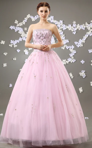 Princess Rhinestone Tulle Overlay Strapless Blushing Ball Gown