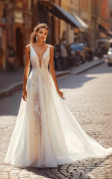 Plunged Luxury Sleeveless V-neck Illusion A-line Wedding Dress