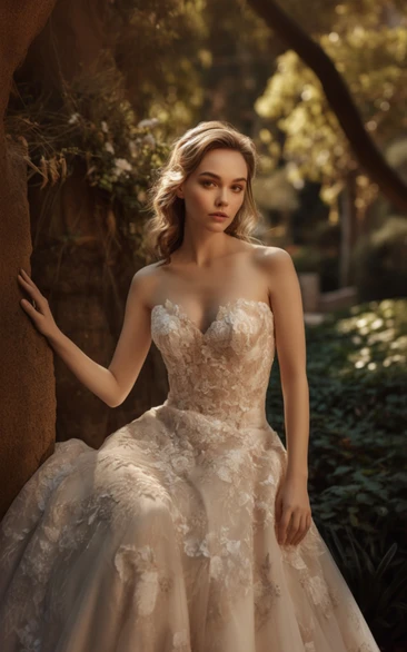 Romantic Sweetheart Neckline Floor Length Tulle Wedding Dress with Appliques