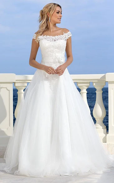 Off-the-shoulder A-line Tulle Wedding Dress With Appliques And Flower
