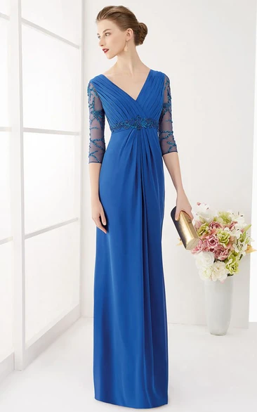 Sheath V-neck 3/4 Length Sleeves Floor-length Chiffon Wedding Guest Dress with Low-V Back and Ruching