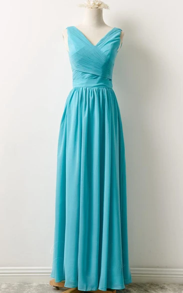 Plunged Sleeveless Chiffon Floor-length Dress With Pleats And Zipper