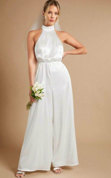 Halter Satin Sleeveless Wide Leg Bridal Jumpsuit with Keyhole