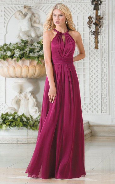A-line Scoop Sleeveless Floor-length Chiffon Bridesmaid Dress with Keyhole and Ruching