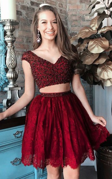 V-neck Lace Short Sleeve Short Two Piece Homecoming Dress with Beading and Pleats