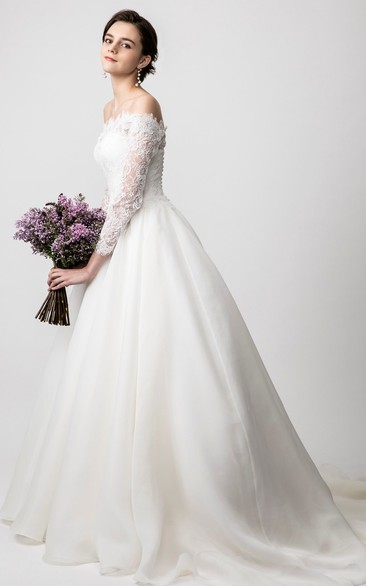 Modern Ball Gown Off-the-shoulder Lace Floor-length Long Sleeve Wedding Dress with Ruching
