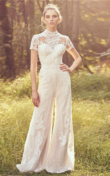 Boho High Neck Cap Sleeve Empire Lace Wedding Pantsuit Jumpsuit with Appliques and Pockets