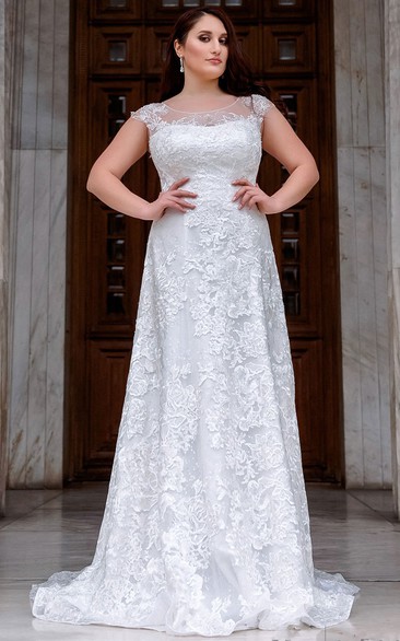 Modern A Line Lace Floor-length Short Sleeve Wedding Dress with Appliques