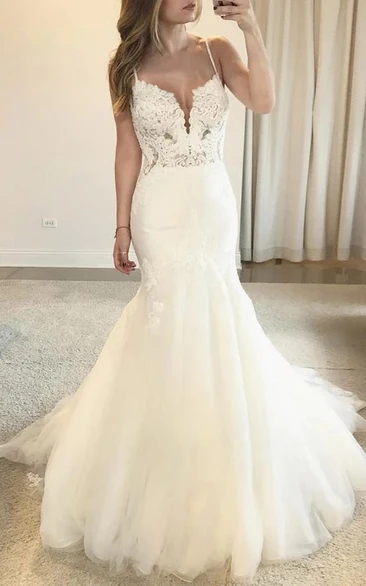 Spaghetti Mermaid Tulle Elegant Wedding Dress with Lace Top