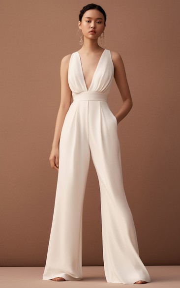 Deep V Neck Chiffon Straps Wide Leg Empire Bridal Jumpsuit