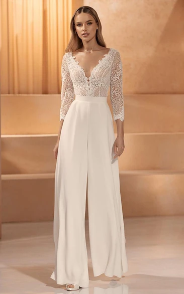Elegant New Arrival Lace top Illusion 3/4 Length Sleeves Chiffon Bridal Jumpsuit