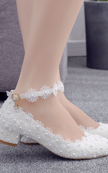 Plus size 3cm square heel round toe wristband spring and autumn white lace wedding shoes