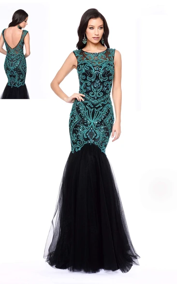 Mermaid/Trumpet Scoop Sleeveless Floor-length Tulle Prom Dress with Low-V Back and Beading