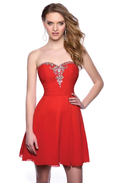 Ruched Bodice A-Line Sweetheart Chiffon Homecoming Dress Featuring Crystal Detailing