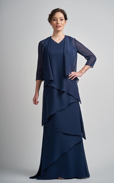 Scoop Sleeveless Floor Length Chiffon Mother of The Bride Dress with Tiers and Bolero