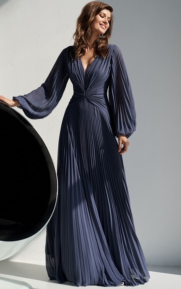 Elegant A Line V-neck Chiffon Floor-length Evening Dress with Pleats