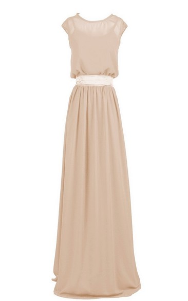 Scoop-neck Cap-sleeve Chiffon Floor-length With Illusion And bow