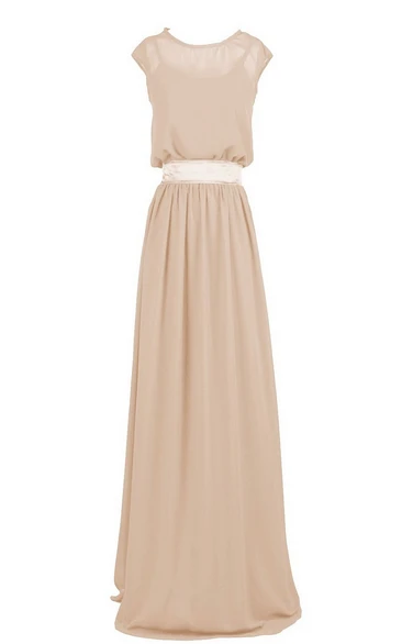 Scoop-neck Cap-sleeve Chiffon Floor-length With Illusion And bow