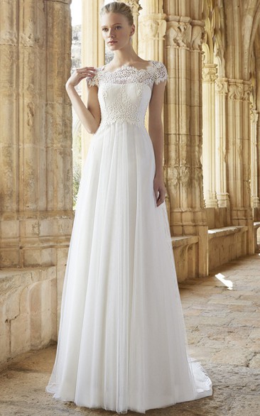 Bateau Short Sleeve A-line Wedding Dress With Pleats And Sweep Train 