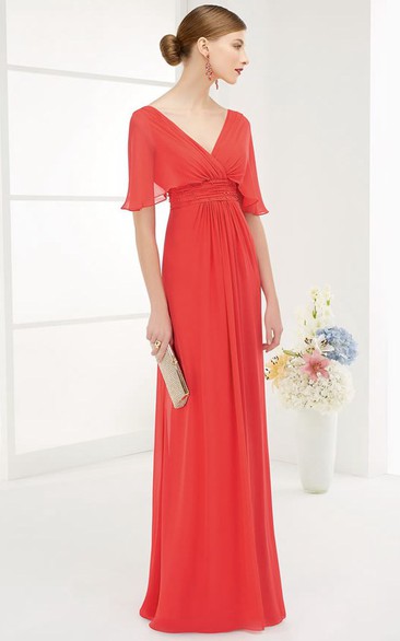 Sheath V-neck Wrap Sleeves Floor-length Chiffon Formal Dress with Low-V Back and Ruching