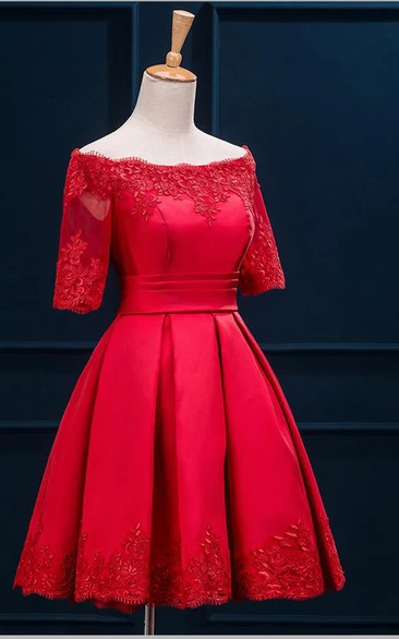 Short Appliqued Half-Sleeve Bateau-Neckline A-Line Dress