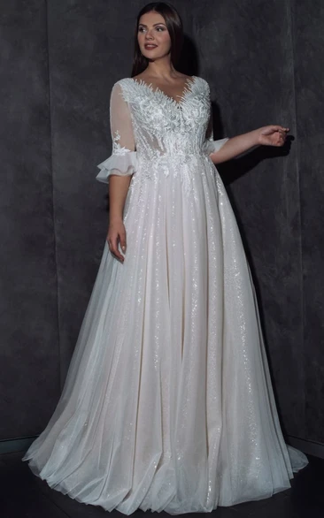 V-neck Illusion Half-sleeve A-line Plus Size Ball Gown Wedding Dress with Lace applique