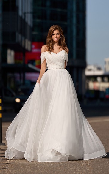 Off-the-shoulder Criss-cross Ruched A-line Tulle Wedding Dress with Beadings