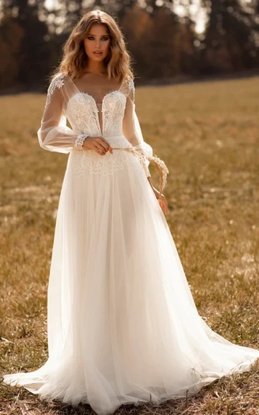 Illusion Long Sleeve Tulle Pleated Flowy Summer Casual Wedding Dress