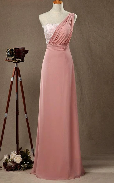 Floor-length One-shoulder Chiffon&Lace&Satin Dress