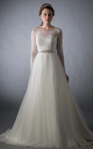 ethereal Long Sleeve Illusion Tulle A-line Wedding Dress With Beading And Lace