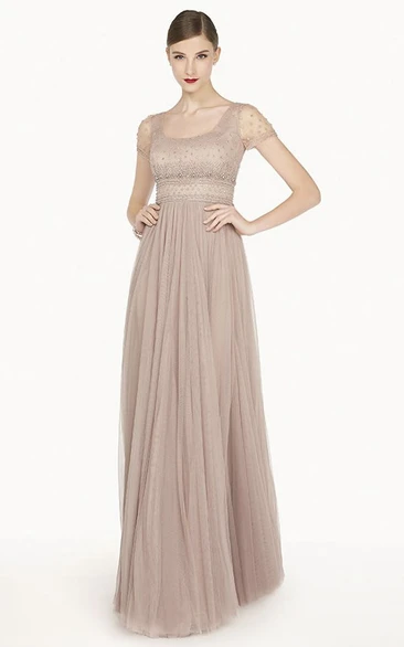 Sheath Square Short Sleeve Floor-length Tulle Mother Of The Bride Dress with Beading and Pleats
