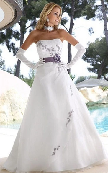 A-line Straight Across Sleeveless Floor-length Satin Wedding Dress with Flowers and Draping