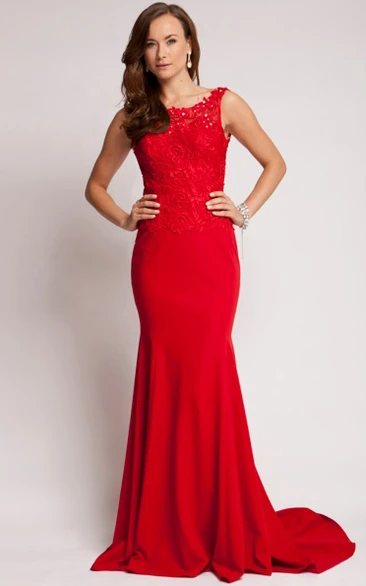 Sheath Bateau Sleeveless Floor-length Jersey Formal Dress with Open Back and Appliques