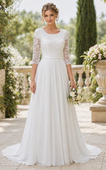 Informelles, schlichtes Strandhochzeitskleid aus Chiffon mit Rundhalsausschnitt und 3-4 Ärmeln