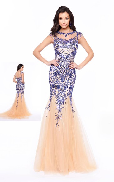 Sheath Scoop Cap-Sleeve Court Train Tulle Prom Dress with Illusion and Beading