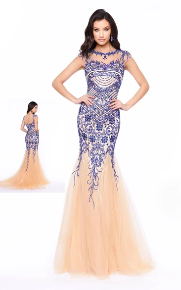 Sheath Scoop Cap-Sleeve Court Train Tulle Prom Dress with Illusion and Beading